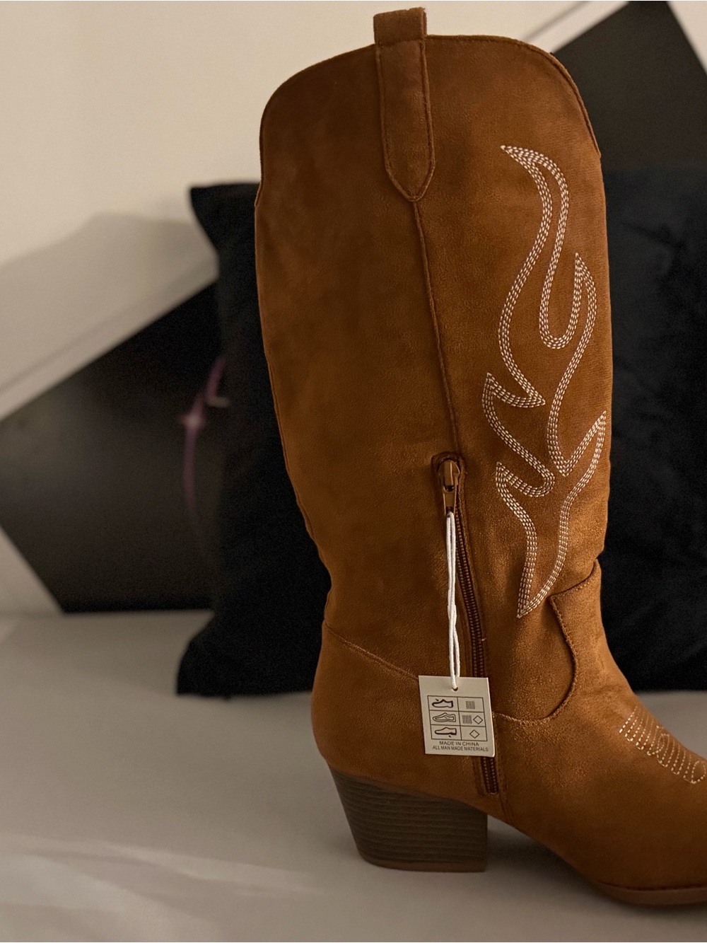 Women's Tan Suede Western-Style Mid-Calf Boot with Embroidered Detail